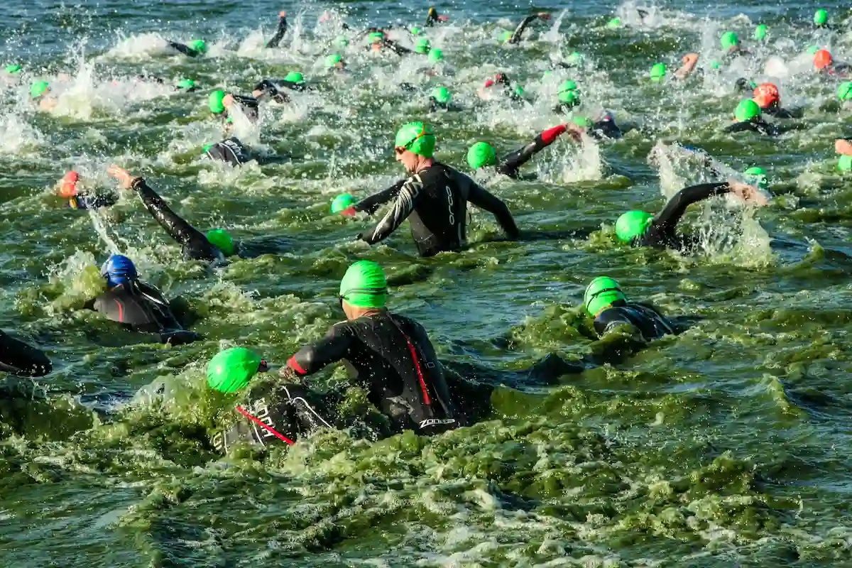 Open water swimmer with arms raised at the finish of a triathlon